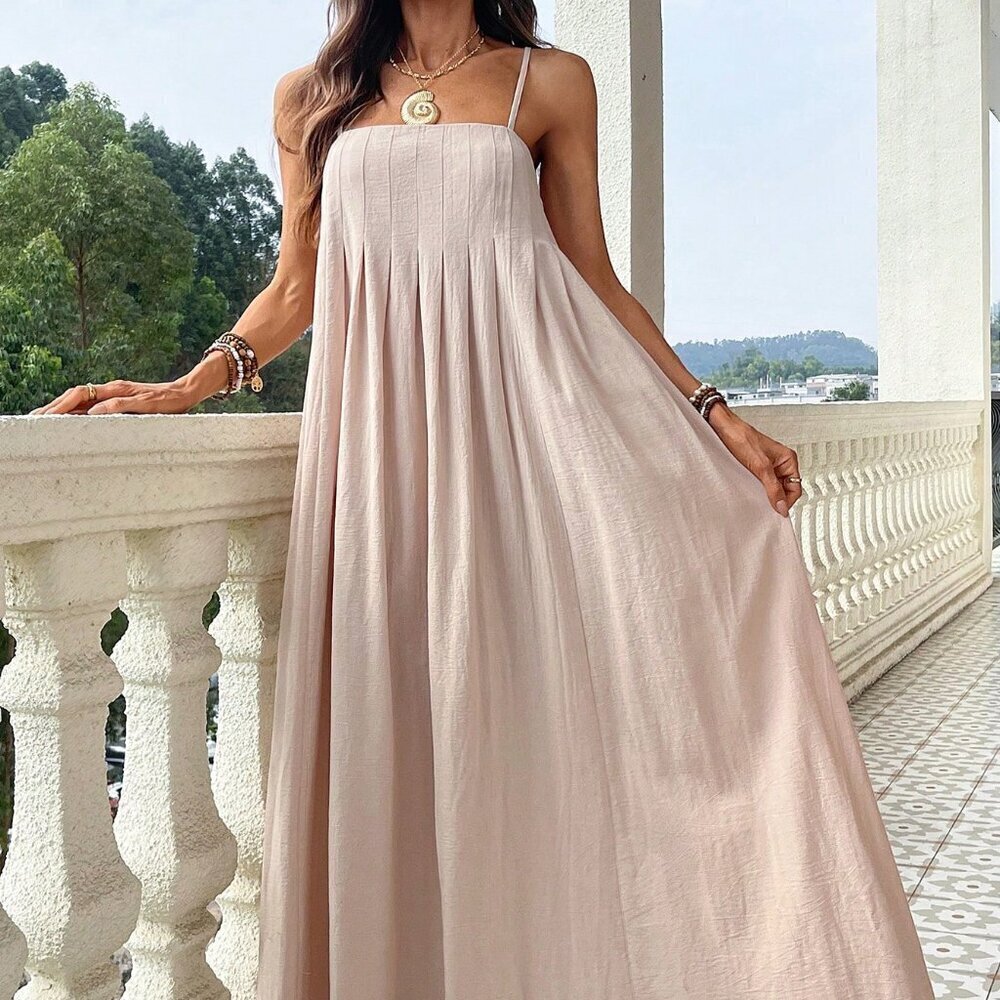 Apricot Boho Womens Linen-like Sleeveless Spaghetti Straps Loose Fit Beach Dress - Picture 3 of 8